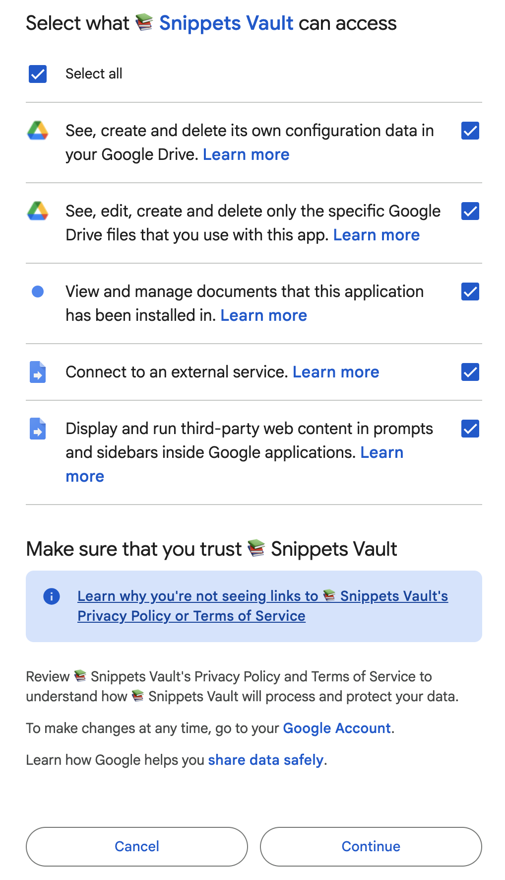 📚 Snippets Vault Oauth consent screen